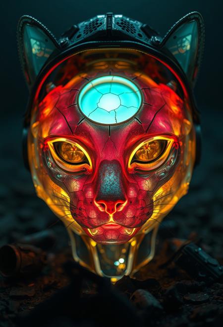 An extreme macro close-up of a translucent cat robotic head resembling a cat, its hollow, glass-like surface revealing the decayed remnants of its inner mechanisms. The lifelike scales, once vibrant, now shift with eerie, fading neon tones of pink, red, yellow, and green, bleeding into one another like the last embers of a dying machine. Subsurface scattering (SSS) effects illuminate fractured wiring beneath the surface, glowing faintly with irregular pulses, as if struggling to cling to life.
The lighting is dim and cold, with harsh backlight casting long shadows through the translucent material, emphasizing the cracks and imperfections in its once-flawless design. The shallow depth of field blurs the desolate backdrop, littered with rusted metal fragments and faintly glowing debris, adding to the sense of abandonment.
The robotic head is crowned with a weathered metal hood, its surface pitted and scarred as if corroded by years of acid rain. A central circular aperture, cracked and flickering with an unstable turquoise light, dominates the frame. Etched into the hood are intricate filigree patterns, their coppery glow dim and irregular, like the fading heartbeat of an ancient, forgotten machine. These shifting patterns pulse faintly, evoking an organic-mechanical aesthetic—a haunting relic of a future consumed by entropy. in the style of ck-ncr,