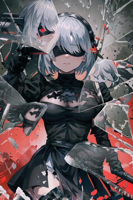 High Quality, Masterpiece, IncrsBrknGls, broken glass, reflection, <lora:BrokenGlass:1>, n_2b, blindfold, black blindfold, large breasts, <lora:Char_Nier_2B:0.8>, (gun, holding gun, weapon, holding weapon:1.4), <lora:Pos_Gun2Head:1>, red eyes, glowing, dark, blood, glowing eyes,