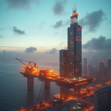 make offshore rig future setting with skyscraper chine text of a town