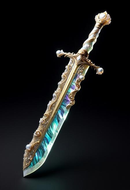 best quality, masterpiece, high resolution, intricate detailed,
beautiful photo of a Pearlum fantasy (sword:1.1) made of golden swirling sand, made of fluorite mineral, flu0rite, iridescent, translucent. 
rays of light, natural light, simple black background