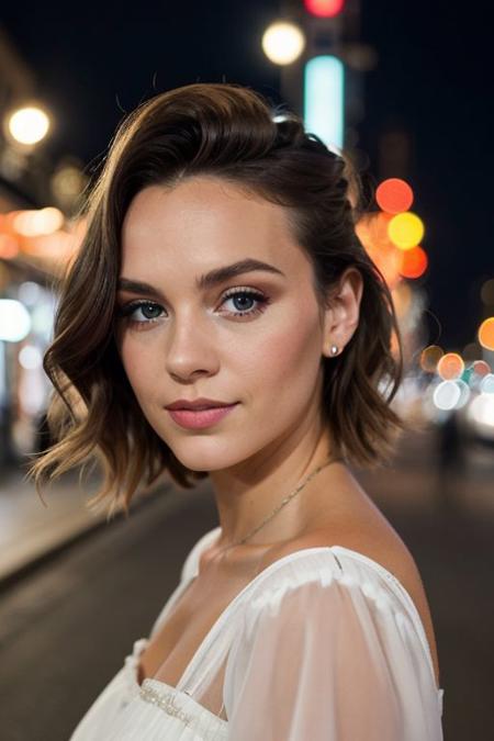 instagram photo, closeup face photo, young dutch woman, wearing a dress, beautiful face, makeup, night city street, bokeh, motion blur