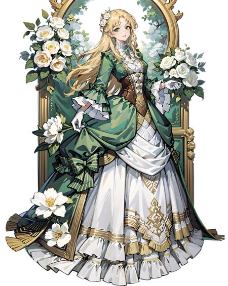 masterpiece, best quality, ultra-detailed,best shadow,1girl,solo,full body,long hair,blond hair, green dress,white gloves,white jabot with green gemstone,white background, looking at viewer,<lora:Audrey-000010:1> ,blowing flowers <lora:standingFullBodyWithBackgroundStyle_v10Offset:1>