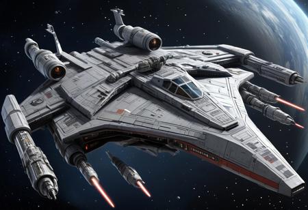 Create a detailed and epic sci-fi illustration of a massive capital starship that combines the iconic design elements of a Star Wars capital ship with the rugged, utilitarian aesthetic of a 20th-century destroyer. The ship should feature a sleek yet heavily armored hull, with multiple turret-mounted cannons and torpedo launchers positioned on both the top and bottom sections. Include hangar bays for fighter craft, seamlessly integrated into the design, with visible activity such as fighters launching or landing. The overall atmosphere should be a blend of futuristic technology and retro military vibes, with glowing engine thrusters, intricate paneling, and a sense of immense scale. The background should depict the ship in deep space, surrounded by stars, with a planet or asteroid field in the distance to emphasize its grandeur