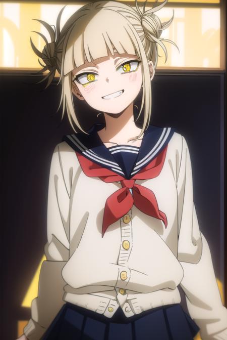 togahimiko, <lora:himiko toga s5-lora-nochekaiser:1>,
himiko toga, (toga himiko:1.2), bangs, blonde hair, (yellow eyes:1.5), blunt bangs, hair bun, double bun, messy hair, smile, grin, teeth,
BREAK skirt, long sleeves, school uniform, pleated skirt, shoes, serafuku, socks, sailor collar, blue skirt, neckerchief, kneehighs, brown footwear, cardigan, black socks, loafers, red neckerchief, yellow cardigan,
BREAK indoors, classroom,
BREAK looking at viewer, (cowboy shot:1.5),
BREAK <lyco:GoodHands-beta2:1>, (masterpiece:1.2), best quality, high resolution, unity 8k wallpaper, (illustration:0.8), (beautiful detailed eyes:1.6), extremely detailed face, perfect lighting, extremely detailed CG, (perfect hands, perfect anatomy),