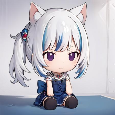 masterpiece, best quality, doll, gura_neko, chibi ,sitting, cat ear, side ponytail, blue dress,