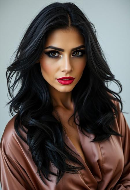 A mesmerizing 45-year-old woman, captured by a skilled photographer with a state-of-the-art camera and lighting. Her long, raven-black hair, styled in loose, windswept waves, frames her face perfectly. Her eyes, dark and intense, are accentuated by a smoky, sultry eye makeup look, with a hint of gold shimmer adding a touch of luxury. Her lips, full and inviting, are painted a deep, seductive shade of red. A subtle contour highlights her cheekbones, adding depth and dimension to her face. She is draped in a luxurious, flowing silk robe, partially open to reveal a glimpse of her toned, youthful body. The soft, diffused lighting enhances her natural beauty and creates a sense of intimacy. Every detail, from her hair to her makeup, exudes passion, sensuality, and confidence, making her a captivating figure who can ignite the deepest desires within others. She is a skilled temptress, capable of empowering individuals to explore their sexuality and embrace their true selves.
