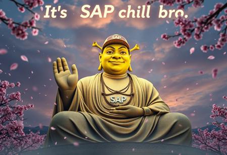 Prompt: "A serene and magical scene featuring a gigantic stone statue of Buddha, but with Shrek's face. The statue is in a meditative pose with one hand raised and cap on his head with logo SAP text. The statue should resemble the Kamakura Buddha, smiling peacefully. Surrounding the statue are glowing Kanji characters, adding a mystical touch. Cherry blossom petals are blowing in the wind, filling the air. At the top of the image, the text 'Its SAP chill bro' is clearly written in clouds. The skyline is beautiful, with high detail and an overall serene, masterpiece quality."