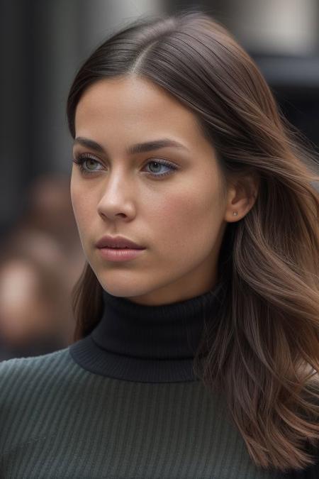 a portrait shot of a beautiful 30yo girl,walking in new york, realistic green eyes, dark red elegant dress, cleavage, fuji x3, 4k pores, detailed skin, perfect eyes