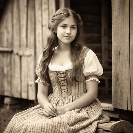 old photo in sepia color, an 18-year-old girl from the area of ​​France wearing a dress from the time of 1800 AD, a beautiful girl with long hair, sitting in front of a barn, natural lighting,