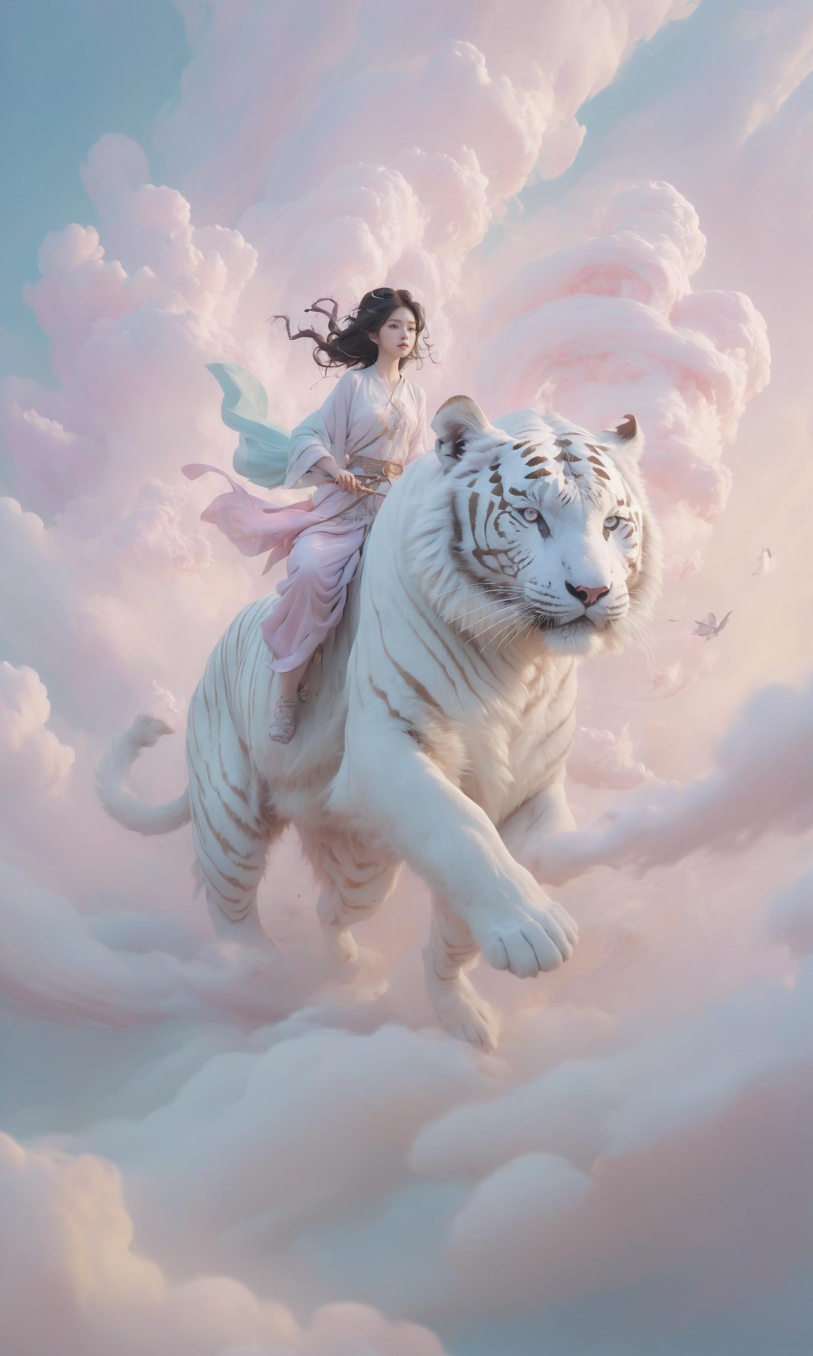 A woman riding a white tiger in a cloudy sky.
