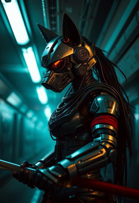 a cyberpunk robot samurai Anthro wolf woman, robot anthropomorphic wolf face with mirrored face shield, robot joints, body made of metals, cables and wires, holding a katana by the hilt, in a cyberpunk subway station, dim lighting from overhead strip lighting, silhouetted in the gloom.  brooding pose. Perfect Composition, realistic photographic image, RAW photo highest quality, perfect directional lighting