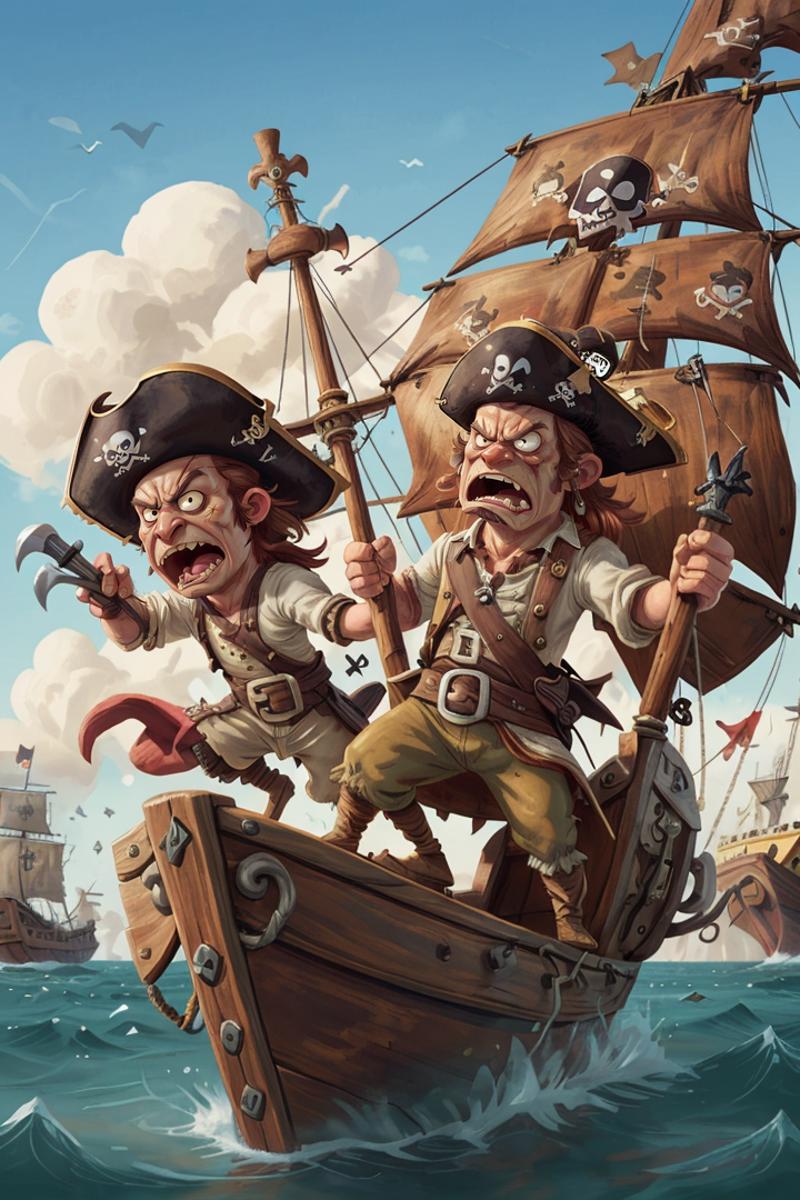 Two cartoon pirate characters on a wooden boat, yelling and holding weapons.