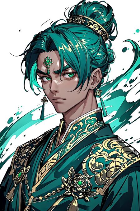 portrait, solo, upper body, looking at viewer, detailed background, detailed face, 1boy, jade statue, mysterious, stoic expression, sleek bun, emerald green, straight eyebrows, intricate traditional attire, ornate jade adornments, enigmatic, timeless, sacred temple, mystical ambiance, <lora:STYLE_CHINAHORRORPAseerSytxJourney:0.6>