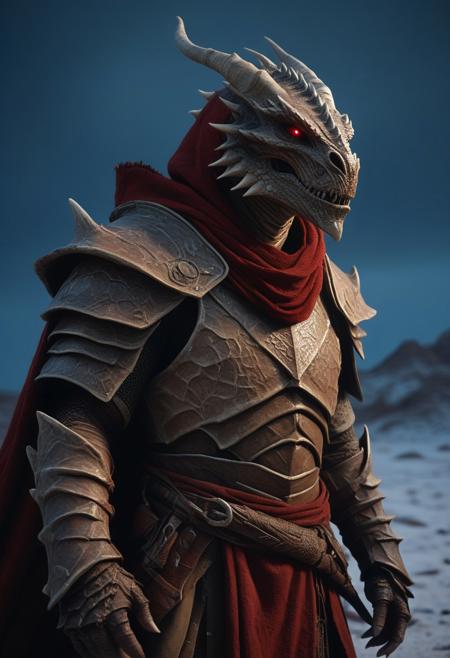 A visually striking movie-still image of a "dragonborn" (in the style of dnd/eberron dragonborn), using dragon-red 6k, with remarkably realistic lighting and textures and details. 
Features a  bleak background, perfectly detailing scales and  piercing eyes that reflect the world. This creature stands majestically, draped in a cloak made of woven canvas, its breath visible in the cold air, surrounded by a pristine, untouched badlands that is bleakly spartan under the moonlight. The scene is imbued with a sense of mystery and awe, captured through the lens of a Nikon D850 at a low angle to emphasize the imposing stature of the dragonborn against the vast, silent  night. The composition focuses on the fusion of natural and fantastical elements, suggesting an untold story of survival and adaptation, with a setting that feels both alien and familiar