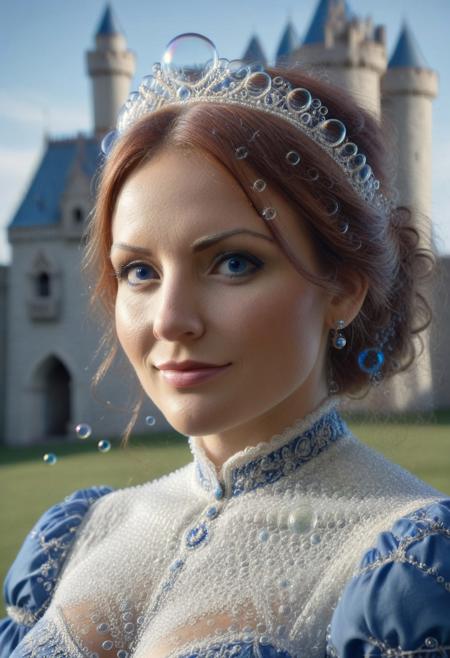 1girl, (atompunkstylesd15:1.2) (sharp focus:1.2), round cheeks, upturned nose, (detailed eyes:1.1), (luscious lips:1.1), (large eyes:1.0) (chestnut hair:1.2) (moody lighting:1.2), depth of field, bokeh, 4K, HDR. hyper realistic, realistic eyes, (absurd res:1.1), beautiful lighting, sunlight, score_9, score_8_up, score_7_up, score_6_up, masterpiece, high quality, (best quality:1.1), milf, 1girl, gentle smile, tiara, medallion, tinytina, Professional headshot. Detailed face. Highly detailed beautiful expressive eyes. Glamorous Textured hair. Mischievous Smirk. Light makeup. Studio lighting. Photorealistic, Natural atmospheric lighting, intricate details, 35mm photograph, film, professional, 4k visuals, highly detailed, elegant, studio quality, (Victorian dress made_of_bubbles:2), perfect body and face, absolutely outstanding image, cute fine face, fitness model, (castle made_of_bubbles:3), outdoors, (blue:3).