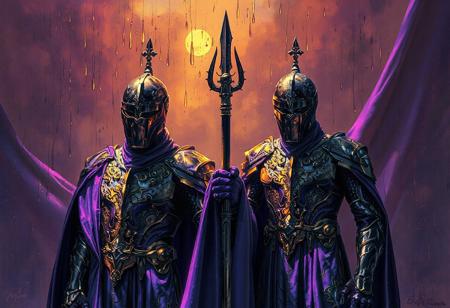 "Create a high-definition, micro-detailed digital painting in the golden ratio, featuring a couple of Iron Knights in Wakanda. Incorporate a purple cloth, infinite mirrors, and weeping tears of black oil. Add a mystic unity with intricate details and a touch of joytoy's aura and light effects. Present it in 8K resolution, RTX on, and high texture detail. The painting should be asymmetrical, like a film still from a Disney movie, and published on ArtStation and Flickr."