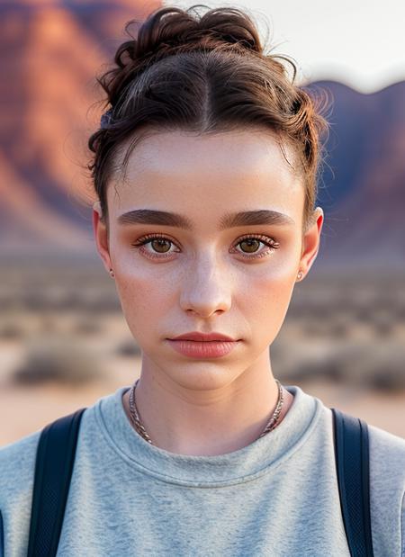 portrait of skswoman, loving , wearing shorts , with gray Updo , background desert epic (photo, studio lighting, hard light, sony a7, 50 mm, matte skin, pores, colors, hyperdetailed, hyperrealistic), <lyco:Dasha Taran:1.1>