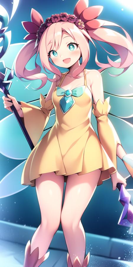 RikkaQueenStrenna twintails hair flower pink hair turquoise eyes yellow dress yellow detached sleeves fairy wings staff white pupils