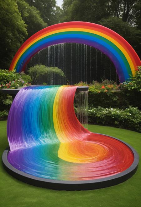 (Rainb0w M0rph) Imagine a rainbow made entirely of physical substances – metal rods form the red section, transparent crystals make up the green part, and flowing liquid forms the violet end. Each color shifts subtly as it blends into the
next, creating an elegant, nearly three-dimensional pattern in the air. The rainbow should appear to rise from a mystic fountain filled with iridescent liquids, its curvature gradually arching upward as it expands. Use Unreal Engine 5 for building the scene and Adobe After Effects for animation, capturing the fluidity of a real-life rainbow that seems to stretch beyond its expected boundaries. Render using a Hasselblad H6D-100c for high-end
color accuracy.