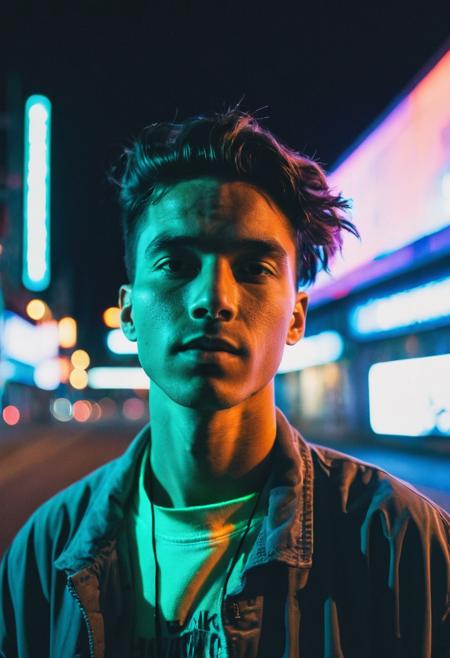 go pro photo, half body,1man, 25 y.o. , night , low andle, bright clothes 90's, grainy photo, analogue glitch effect, neon light