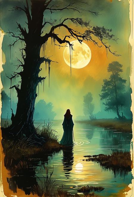 Fenlands of Lir under a full moon, fog rolling over marshy land, the Banshee Queen hovering above the water, her robes flowing ethereally, will-o’-the-wisps lighting her path, a frightened traveler watching from behind a tree.
, the scene is captured in dimly lit dark fantasy but vibrant colors, with bold ink lines defining form against the watercolor wash of the aged paper
, in the style of an old 80's VHS dark fantasy, VHS screen grab, grainy, old footage