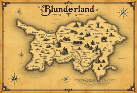 Elegant map of a vast mysterious fantasy world named Blunderland with an old, vintage feel. Blending minimalist design and beautiful map ornaments, decorative elements, aged parchment texture, delicate borders. Elegant calligraphy for labels, classic cartography style. Funny names like Sillywald, Muddlegrump, Bamboozleburg, Schnitzelstadt. Smooth coastlines, rivers, hills, mountains and forests. Small towns, castles, and ports marked with elegant icons. Intricate compass rose, subtle grid lines. Muted colors, sepia tones, and faded ink for an ancient, timeworn appearance. Map exudes an air of history and elegance, like an artifact from a forgotten era.