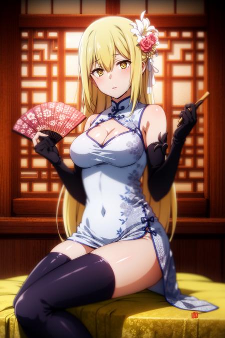 AizWallenstein,hand fan, 1girl, blonde hair, dress, chinese clothes, sitting, yellow eyes, breasts, solo, flower, thighhighs, medium breasts, long hair, cleavage, china dress, holding fan, black legwear, hair flower, hair ornament, folding fan, looking at viewer, bridal gauntlets, holding, window, bare shoulders, gloves