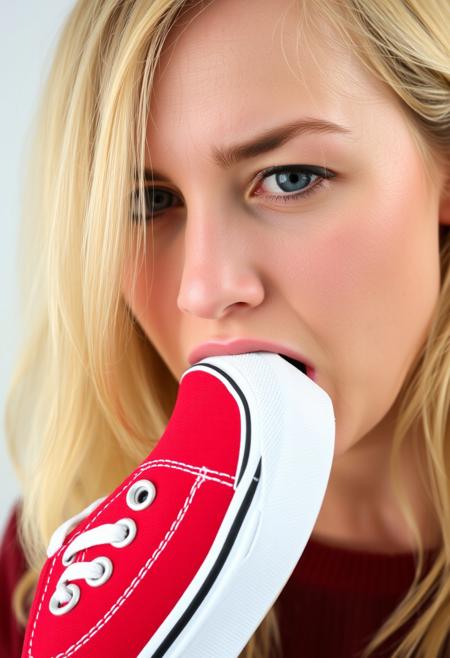 35 year old woman with blond hair, sexy expression in her eyes, (((sucking on the toe of a sneaker))), (((sneaker toe deep inside her mouth))), (((mouth filled with the toe of the sneaker))), (((biting sneaker))), 
Red canvas Vans_Authentic sneaker, detailed sneaker, perfect sneaker, visible heel of sneaker