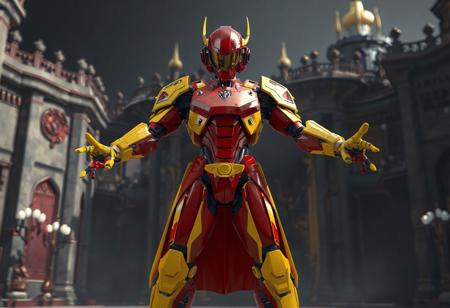 "A high-detail concept art scene featuring a Cyborg Doctor standing confidently against the Zaralaam the Dark Palace background. The Cyborg Doctor is a vibrant mix of red and yellow, with a red helmet featuring a yellow visor. The body is predominantly red, adorned with yellow accents, while the arms and legs are bright yellow, matching the visor. The Cyborg Doctor's arms are outstretched, and its legs are slightly spread, conveying readiness and dynamism. The composition is minimalist, with the Cyborg Doctor as the focal point, drawing the viewer's attention. Rendered in hyper-realistic 3D with Octane Render, the scene showcases lifelike details, sharp lines, and stunning colors. Inspired by contemporary aesthetics and Grammer Effect Style, the image conveys vivid emotions and a powerful message. Trending on ArtStation, 4K, ultra-detailed, and impeccably composed."