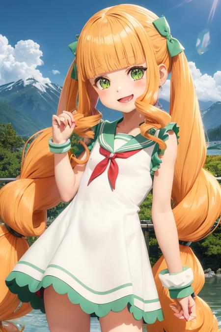 1girl, pomponette, blunt bangs, twintails, green eyes, hair bow, white dress, sailor collar, mountain, river, :d <lora:pomponette:0.6>