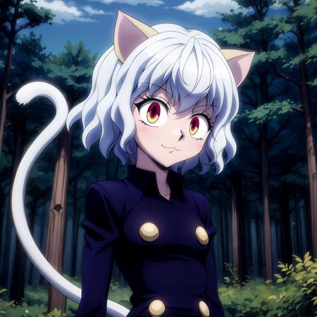 <lora:Neferpitou001:0.6>,<lora:add_detail:1>,<lora:noline:0.3>,solo,:3,
Neferpitou,1girl,red eyes,cat ears,
blue jacket,double-breasted,
(nature:1.2),