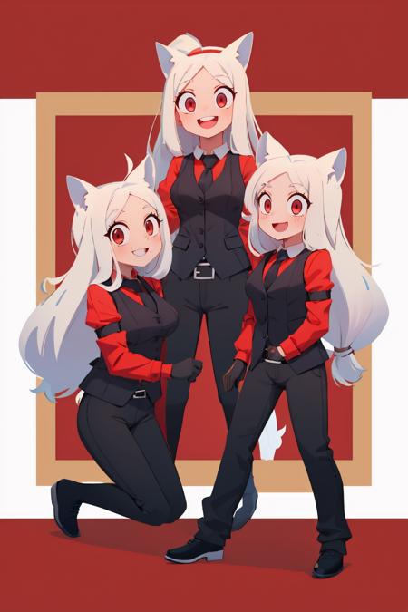 (masterpiece, best quality:1.2), 3girls, htcerberus, happy, smile, looking at viewer, waistcoat, red shirt, black necktie, arm garter, black vest, black gloves, black pants <lora:helltaker_cerberus:1.0>