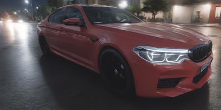 photo of a red bmw m5 on a wet city street at night, 8k uhd, high quality, cinematic lighting, 4k, 8k, (ultra-realistic:1.1), high-resolution, shot on Canon 5D, DSLR, 50mm, bokeh <lora:bmw_m5:1>