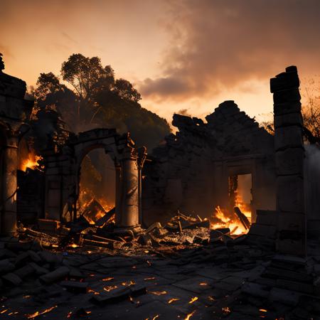 (masterpiece:1.2), (best quality,:1.2), 8k, HDR, ultra detailed, ((photorealistic)), professional light, cinematic lighting, fashion photography, ambient lighting,<lora:detail_slider_v4:3>, ruins of a burned down village, temple ruins, FanRu <lora:FantasyRuins-10:0.7>, ((perfect hands)), epiCPhoto