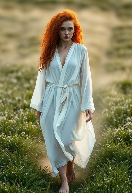 a beautiful freckled green-eyed redhead irish woman with curly hair. She is dressed in a flowing white translucent robe, walking through a field of dew covered grass in dawn's light. Mist flows around her barefooted feet.