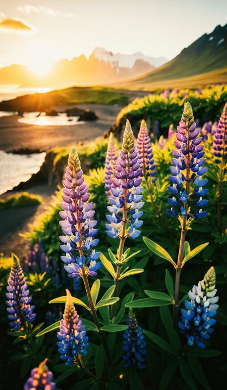 photo by Melissa Stemmer, Blooming lupine flowers on the Stokksnes headland on the southeastern Icelandic coast. Iceland, Europe. Artistic style post processed photo., breathtaking photograph, <lora:melissa-stemmer-1.0:1>, cinematic look, minimalistic, blurred background, warm atmosphere, daylight, professional color grading, simple look, unedited photography, natural, unassuming, simple style, award-winning, stunning, glistering light, golden hour, kodak kodachrome, vintage look, vibrant colors, Retro filter, vintage style, Instagram toning effect, <lora:add-detail-xl:2>