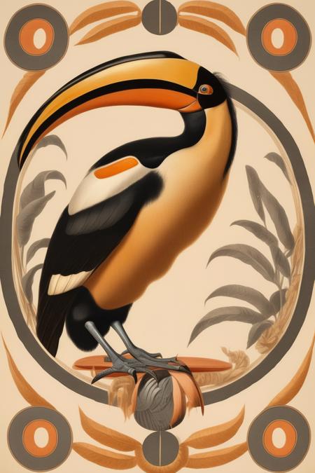 <lora:Mark Catesby Style:1>Mark Catesby Style - A Great Hornbill in the center of a circular circle with twin horns, presented in a vintage graphic design style, light orange in color, featuring portraiture iconography, conveying a sense of balance and harmony, characterized by rounded forms and incorporating Egyptian imagery symbols, with a strong facial expression.