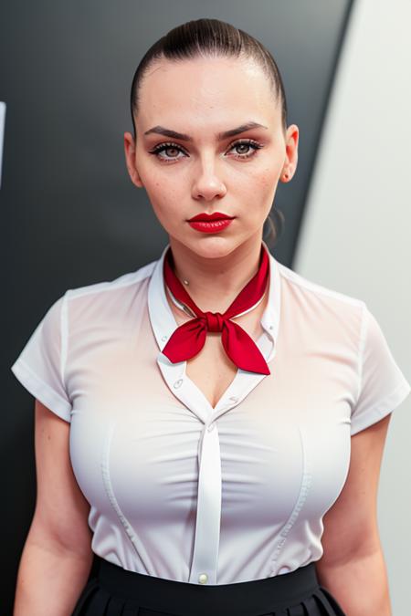 photo of a woman, dafnek:0.99,((short hair)) ((necktie, white shirt, skirt):1.2), ((closeup, portrait):1.2),((whiteboard, conference room):1.2),((red lipstick,heavy eyeliner, heavy eye shadow, blush):1.2), ((best quality, masterpiece, extreme details, high resolution):1.2),((detailed eyes, beautiful eyes, detailed face, beautiful face):1.2)