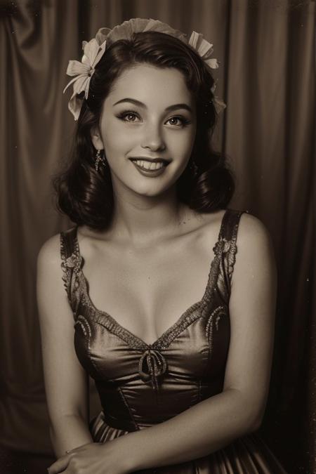 retro pin up photo , (Sepia:1.2), a opera singer, dressed up,1950s Fashion, MAKEUP ,Shoulder out, poses in front of the camera, Hollywood Smile, realistic photo 、