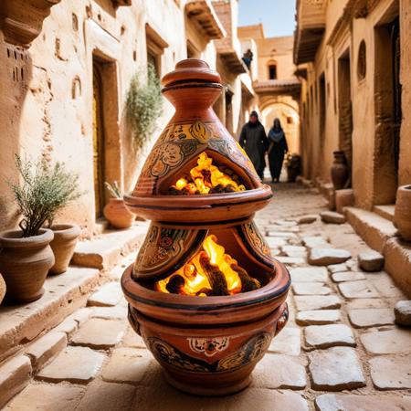 an ornate golem crafted from stacked miniature tagines, joints sealed with cinnamon resin, body painted in weathered glaze and saffron pigment, eyes glowing with trapped spice embers, walking slowly through a sunlit kasbah alley, Tagine