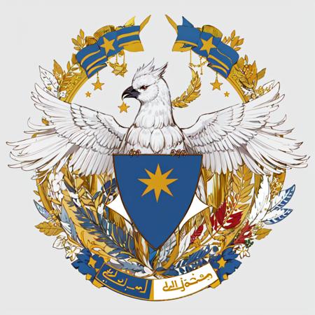 <lora:Armorial-37:1> Blazon,
(white_background:1.3), (simple_background:1.3),  (flat_color:1.3), no_humans, symmetry, 
emblem, 
no_humans, bird, simple_background, sign, white_background, wings, star_(symbol), animal_focus, arabic_text, solo, beak,   full_body, feathered_wings, feathers,
flag,, (masterpiece:1.3), (best_quality:1.3), (ultra_detailed:1.3), 8k, extremely_clear,