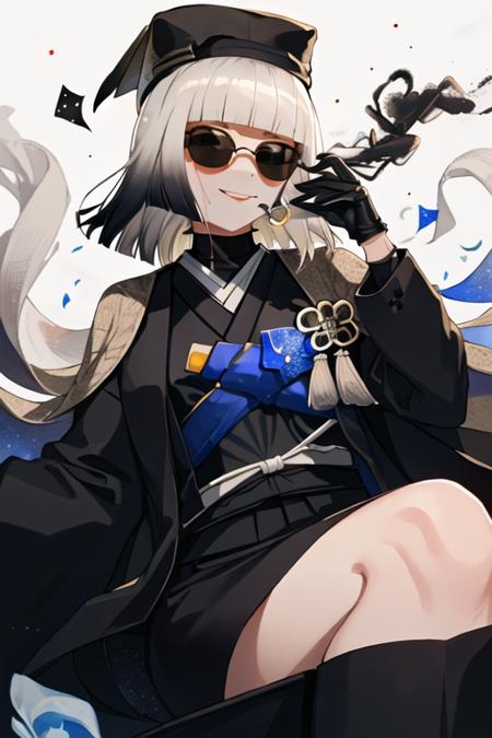 best quality, masterpiece, highres, solo, {black business suit:1.40}, {tie:1.20}, {sunglasses:1.25}, {white gloves:1.15}, {white shirt:1.10}, {black skirt:1.15}, {smoking:1.20}, handsome, {sen_no_rikyu_fgo:1.15}, bangs, blunt_bangs, hat, black_eyes, black_hair, medium_hair, gradient_hair, grey_hair, multicolored_hair, black_headwear, tassel, smile, small_breasts, breasts