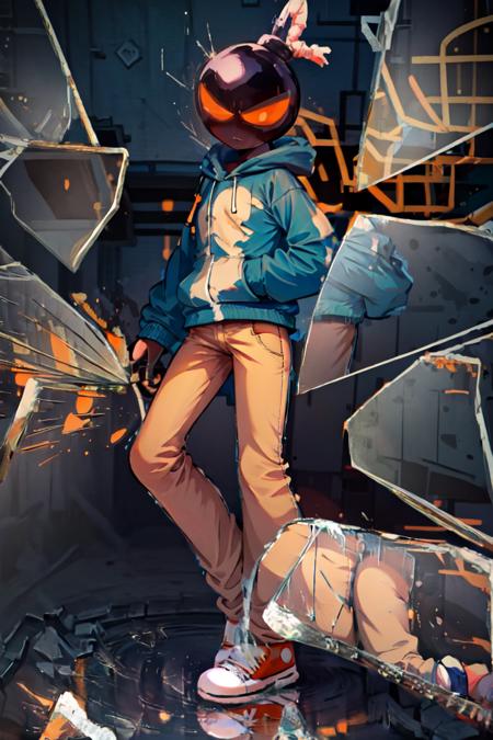 masterpiece, best quality, absurdres, WhittyFNF, bomb head, blue hoodie, orange pants, orange sneakers, <lora:WhittyFNF:1>, <lora:BrokenGlass:1.0> IncrsBrknGls, broken glass, reflection