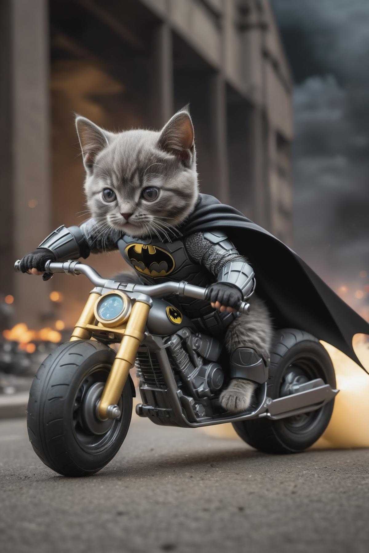A small kitten riding a toy motorcycle in a Batman costume.