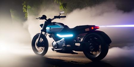 Sci-fi motorcycles,white and blue science fiction ground industrial police car in a lush jungle, science fiction, cinematic lighting, night time, volumetric light, imax, dslr, highly detailed, volumetric fog, dystopian vibes, dutch angle, cinematic angle<lora:Sci-fi motorcycles:0.8>