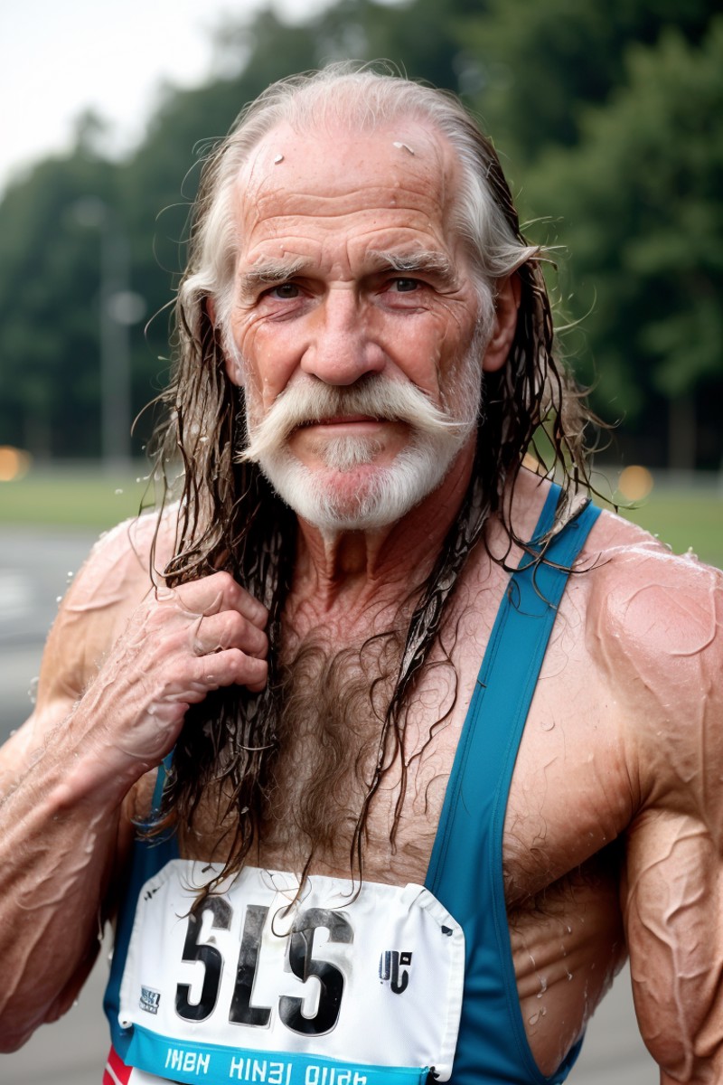 cinematic photo elderly happy hippie man (muscular athletic:1.2), beard, moustache, (wet very long messy hair:1.3), sweat ...