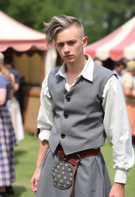 An androgynous man at a renaissance fair wearing a grey canvas kilt, wide-collared shirt, and a grey spotted vest.
