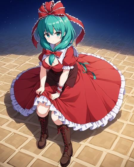 kagiyama hina,1girl, solo, front_ponytail, red_dress, hair_ribbon, hair_bow, kneeling, puffy_short_sleeves, large_breasts, arm_ribbon, lace-up_boots, checkered_floor, skirt_hold, frilled_dress, petticoat, red_ribbon, red_bow, star_\(sky\), brown_footwear
<lora:kagiyama_hina_image8413_2023-12-14:1>,star-shaped_pupils,symbol-shaped_pupils,. gorgeous,key visual, vibrant, studio anime,award-winning, professional, highly detailed,high budget, cinemascope