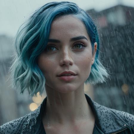 RAW photo of an giaint holographic face of a woman with blue hair above a few buildings in the rain, semi-transparent, cinematic, cinema grain