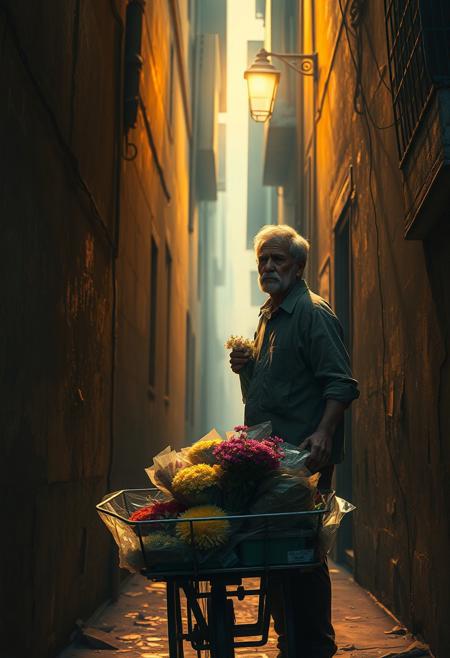 A lonely street vendor under a faint streetlight in an early morning city alley, his cart stacked with fresh flowers glistening with dew. The narrow alley walls rise steeply, their textures rich with chipped paint and subtle earthy tones, while golden sunlight begins to seep in from above, casting warm highlights that contrast with deep shadowed corners. His posture and weathered face reflect quiet resilience and fatigue, rendered with haunting hyperrealism, while the surrounding cityscape glows with painterly impressionistic strokes of soft light and shifting color. The atmosphere balances grounded human realism with luminous beauty, evoking both struggle and grace within a single quiet moment.